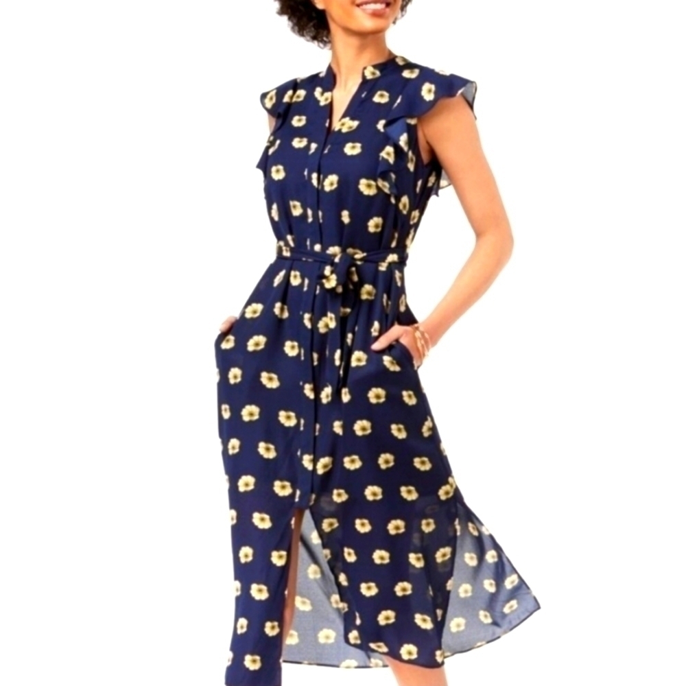 Maison Jules navy blue dress with yellow flowers v-neck and ruffle sleeves